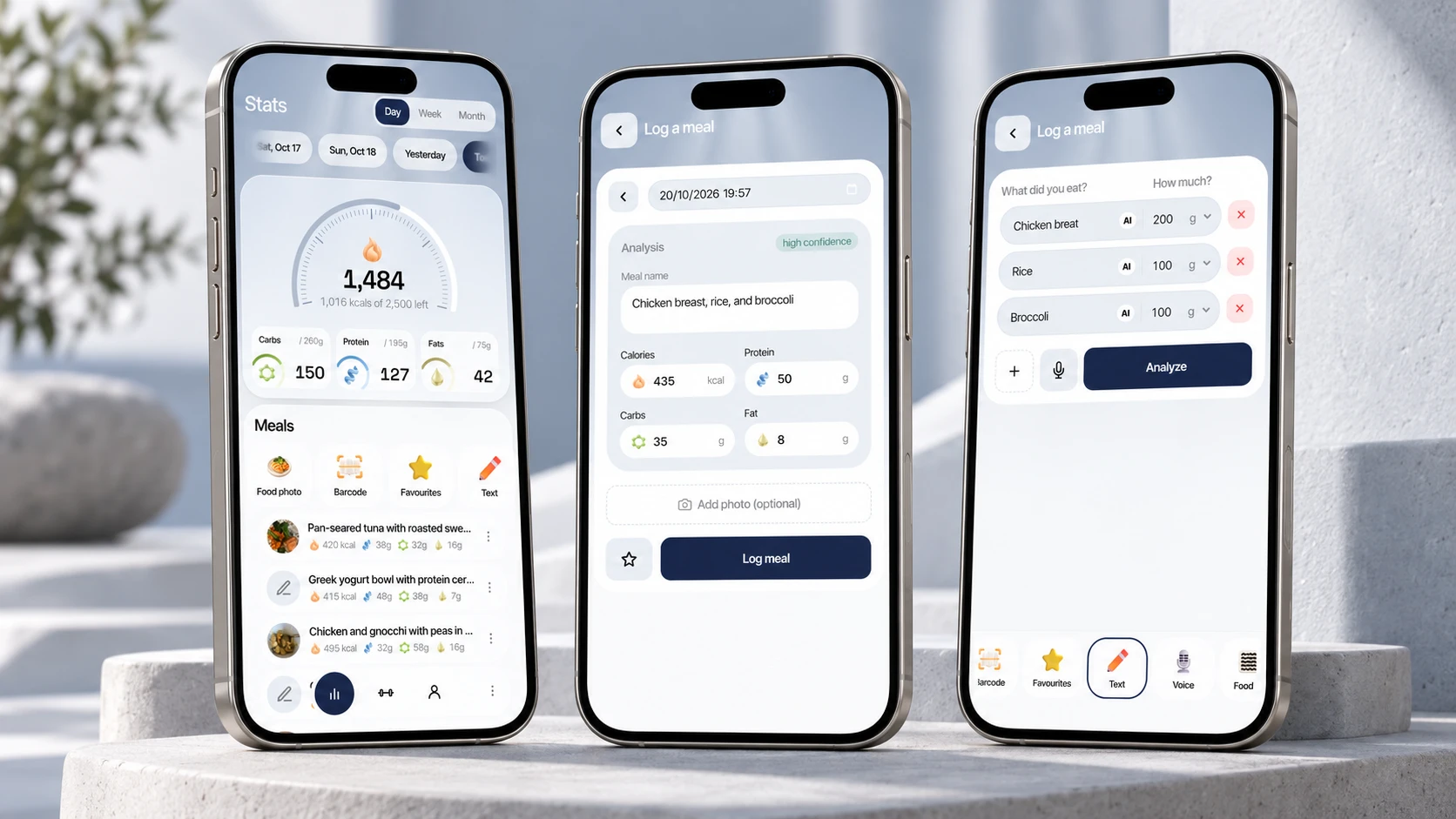 Three arvu screens: the daily stats dashboard with calories and macros left, an AI meal analysis ready to log, and a meal described as text with portion sizes
