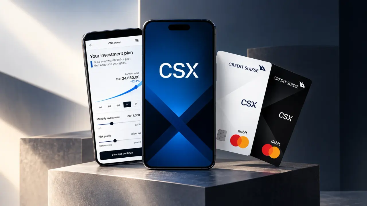 CSX Invest investment-plan screen on a phone beside the CSX app and white and black CSX debit cards